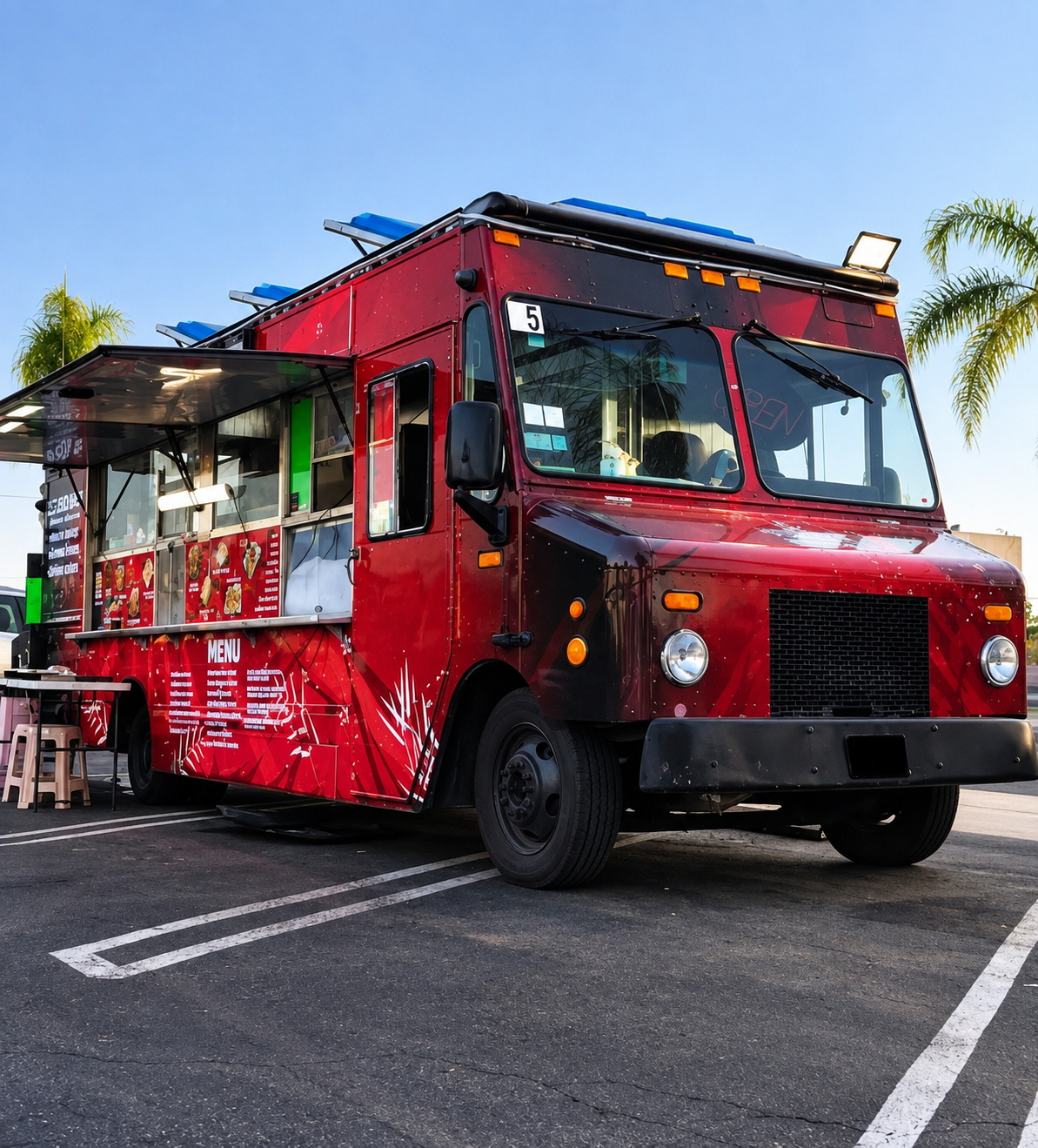 Hacienda Hibachi food truck with OPEN sign lit up